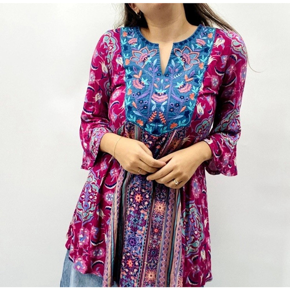 Soft Surroundings Tops - Soft Surroundings Tunic Top Large Pink Blue Floral Paisley Boho Embroidered S